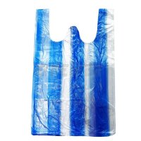 T-shirt bag 10K, 300+150x530 mm, blue+white, in block